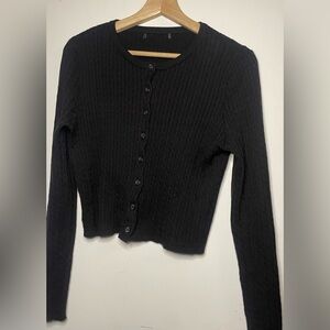 Black Ribbed Button-Up Cropped Cardigan